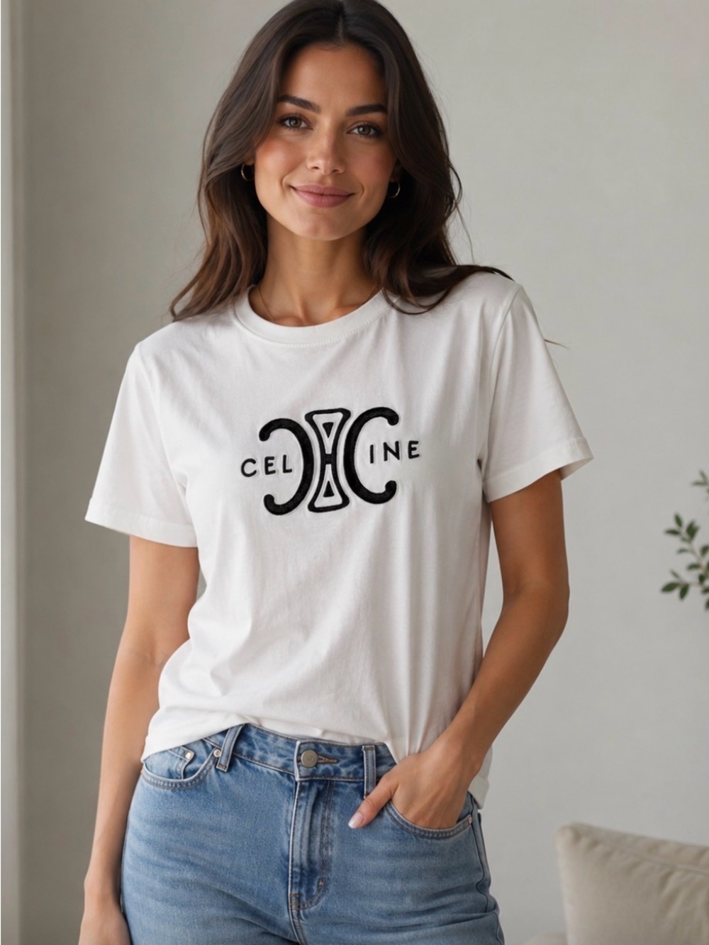 Celine White Tee with Black Logo Motif